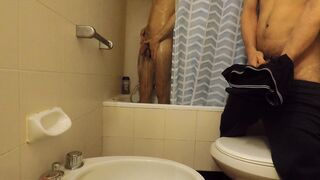 two boys 1 boxer. nosey gay-for-pay homie spy on me in the bathroom and jism on my boxer caught