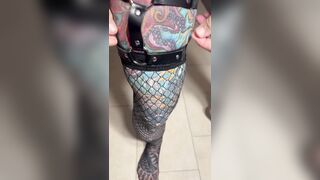 Jacques Kiross fetish desires: leather, fishnets, dual edging and jizz shots.