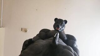 Huge ebony muscle grizzly blows a load palms-free-for-all