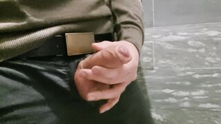 Jizzing at the mall. Jacking in a public toilet.
