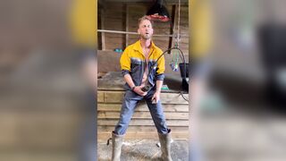 Farmer smokes and jacks himself on a break