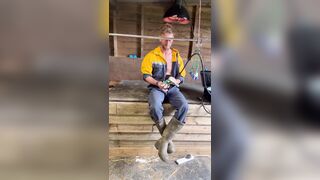 Farmer smokes and jacks himself on a break