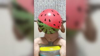 Throating up inflatable - Beachball deep-throat to squirt