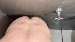 POINT OF VIEW: Solo fellow using fake penis on douche wall
