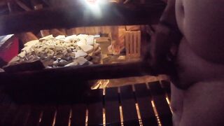 Sweating and wanking off bare in a mystical barn sauna.