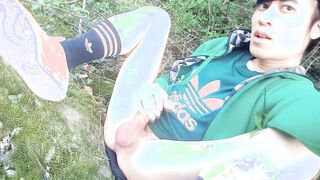 Destroyed ejaculation, but wanna total, immense jizm, homosexual twunk wanking off outdoor in adidas Stan Smith sneakers