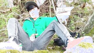 Risky getting off outdoors a dudes voice caught this ultra-cute queer lad with his pouch draping out, wanking off his uncircumcised foreskin, his bunghole uncovered
