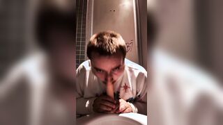 faggot fellates fake penis in grimy swift food wc