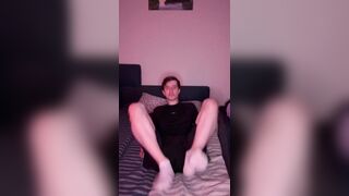 Opened up gams taunt in taut sports cutoffs + muddy milky socks