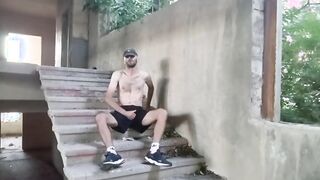 A thin, fur covered chav man in Adidas socks and sneakers jacks off in an deserted mansion and jizzes a plenty of