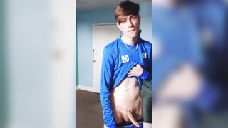 Warm jack and jizm in football kit - go on nuzzle em