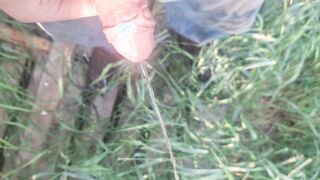Mature thick schlong pissing outdoor in front yard