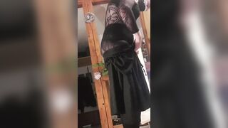 Purple slut is unclothing and urinating in virginity box for you