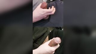 Hammering 2 firm chubby sausages leaking pre-finish off down the penis head.