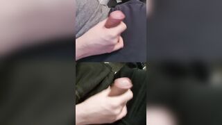 Hammering 2 firm chubby sausages leaking pre-finish off down the penis head.