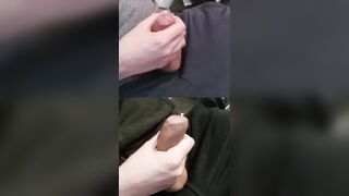 Stroking 2 gigantic pulsing pillars facialed in gooey precum on the tips.