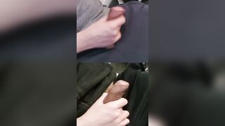 Tugging 2 stiff XXL lollipops with sizzling shining precum beading up.