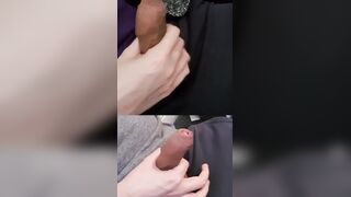 Fapping double turgid bones with precum running in rivulets strongly from the tips.