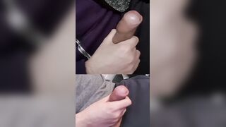 Stroking a pair of rock hard hard-ons with gloppy pre-jizz on the goes.