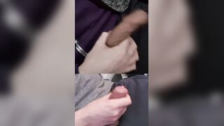 Stroking a pair of rock hard hard-ons with gloppy pre-jizz on the goes.