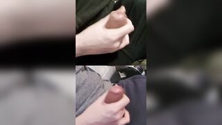 Pumping both turgid members leaking pre-jizz from the penis head.