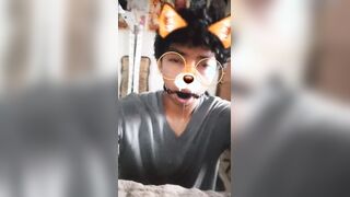 Lil femboy spitting over his gag ball while juggling on his faux-cock