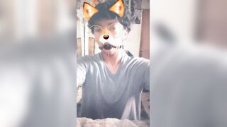 Lil femboy spitting over his gag ball while juggling on his faux-cock
