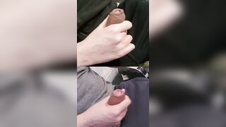 Jacking double enormous rods with precum glossy at the tips.