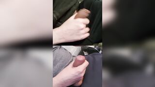 Jerking 2 girthy members with gooey precum at the crowns.