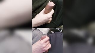 Jacking 2 hard hard-ons running in rivulets gooey precum from the penis head.