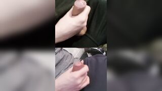 Jacking 2 hard hard-ons running in rivulets gooey precum from the penis head.