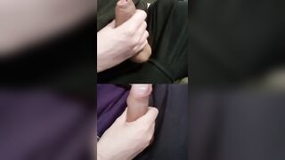 Jerking 2 rock-hard lollipops with pre-spunk glossy on the tips.