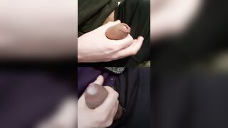 Tugging double girthy peckers with precum dribbling down the tips.
