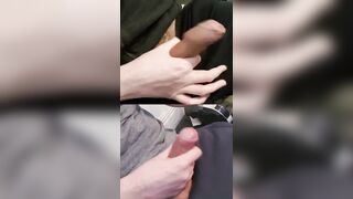 Petting 2 immense schlongs dribbling pre-seminal juices from the dick-head.