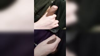 Tugging a pair of gigantic schlongs with pre-spunk glistening on the dick-head.