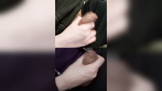 Tugging a pair of gigantic schlongs with pre-spunk glistening on the dick-head.