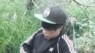 Super-cute Chinese homo twunk in a dark-hued-and-milky adidas tracksuit and Campus sneakers jerks and spunks outdoors