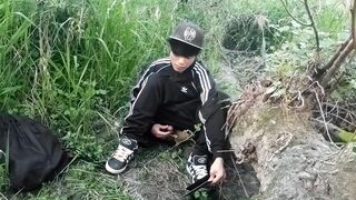 Super-cute Chinese homo twunk in a dark-hued-and-milky adidas tracksuit and Campus sneakers jerks and spunks outdoors