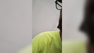Bare frolicking with pipe in laundromat