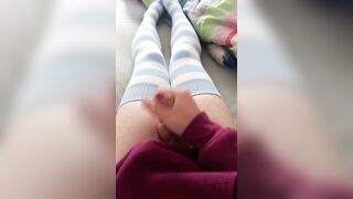 Timid spoken femboy spunks on his hoodie