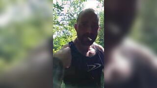 bulky bodybuilder ambling and fap outside