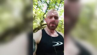 bulky bodybuilder ambling and fap outside