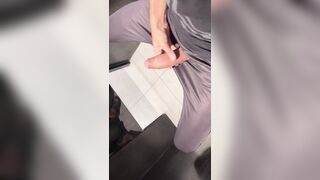 Strung up parent wanking his enormous dinky in torn trousers in the shower while fellows listen