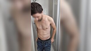 Fellow takes a douche and lathers up his half-swell meatpipe