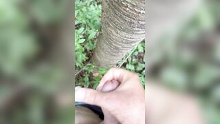 Cockslapping the tree and jizm in the forest