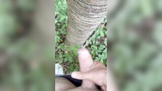 Cockslapping the tree and jizm in the forest
