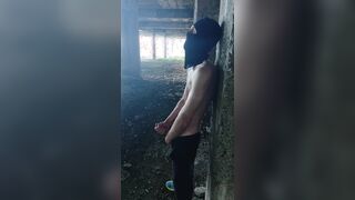 A muscled wooly chav man in a balaclava strokes off and ejaculates a plenty of in an deserted house