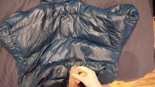 Draining off and Spunking on my Glossy Blue Puffer Jacket