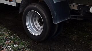 barefeet camper driving flipping tires offroad. burnout smoking tires pedal pumping revving