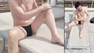 Fellow in a panty puts on sunscreen
